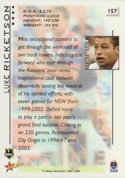2003 Select XL #157 Luke Ricketson Back